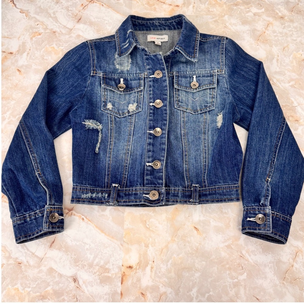 Love Republic Denim Jacket Kids Size M Dark Wash Long Sleeve Distressed Casual